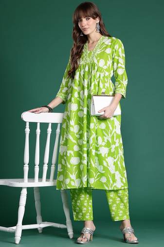 Floral Printed Empire Sequinned Pure Cotton Kurta with Trousers