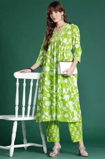 Floral Printed Empire Sequinned Pure Cotton Kurta with Trousers
