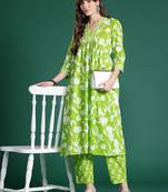Floral Printed Empire Sequinned Pure Cotton Kurta with Trousers