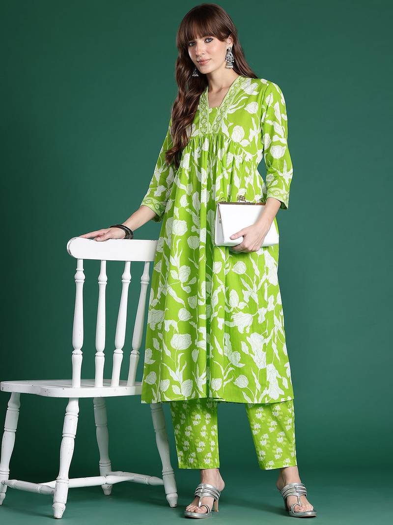 Floral Printed Empire Sequinned Pure Cotton Kurta with Trousers
