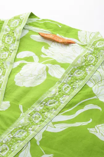 Floral Printed Empire Sequinned Pure Cotton Kurta with Trousers