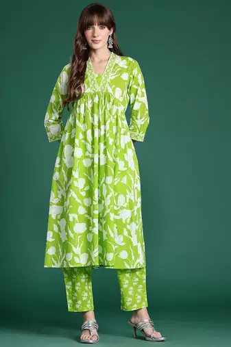 Floral Printed Empire Sequinned Pure Cotton Kurta with Trousers