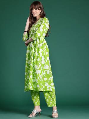 Floral Printed Empire Sequinned Pure Cotton Kurta with Trousers 5