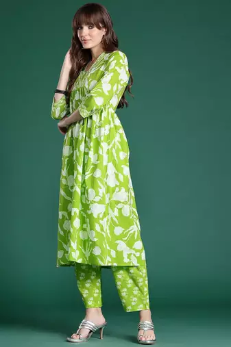 Floral Printed Empire Sequinned Pure Cotton Kurta with Trousers