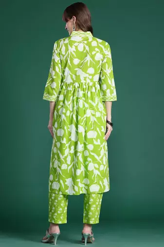 Floral Printed Empire Sequinned Pure Cotton Kurta with Trousers