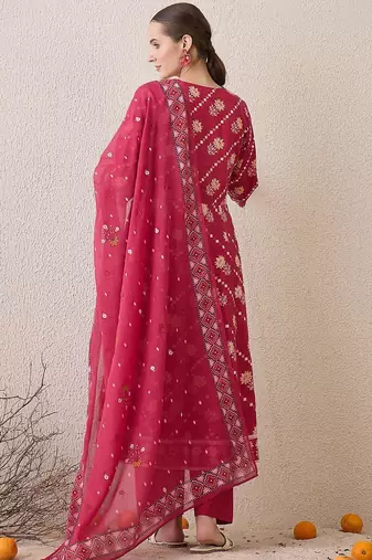 Floral Printed Notch Neck Beads & Stones Pure Cotton Kurta Trousers & Dupatta