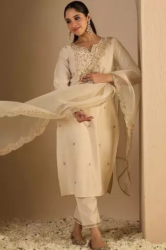 Women Ethnic Motifs Embroidered Regular Thread Work Liva Kurta with Trousers & With Dupatta