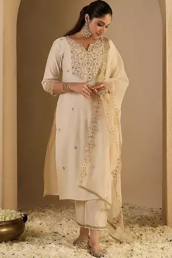 Women Ethnic Motifs Embroidered Regular Thread Work Liva Kurta with Trousers & With Dupatta