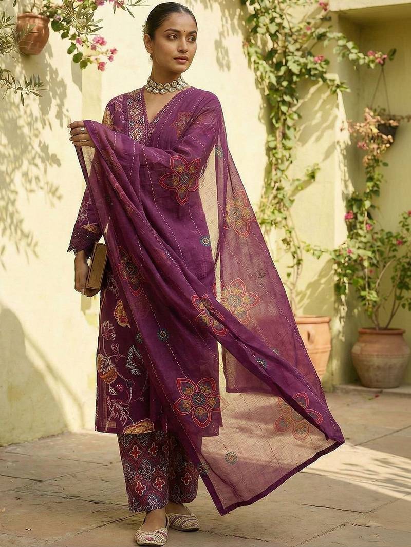 Women Floral Printed Regular Thread Work Pure Cotton Kurta with Trousers & With Dupatta