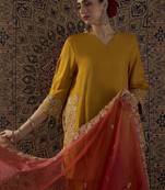 Ethnic Motifs Embroidered V-Neck Zari Straight Kurta With Trousers & Dupatta
