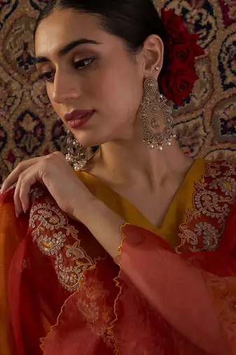 Ethnic Motifs Embroidered V-Neck Zari Straight Kurta With Trousers & Dupatta