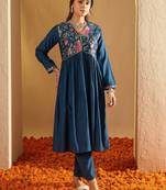 Floral Yoke Design Empire A-Line Sequinned Liva Kurta with Trousers