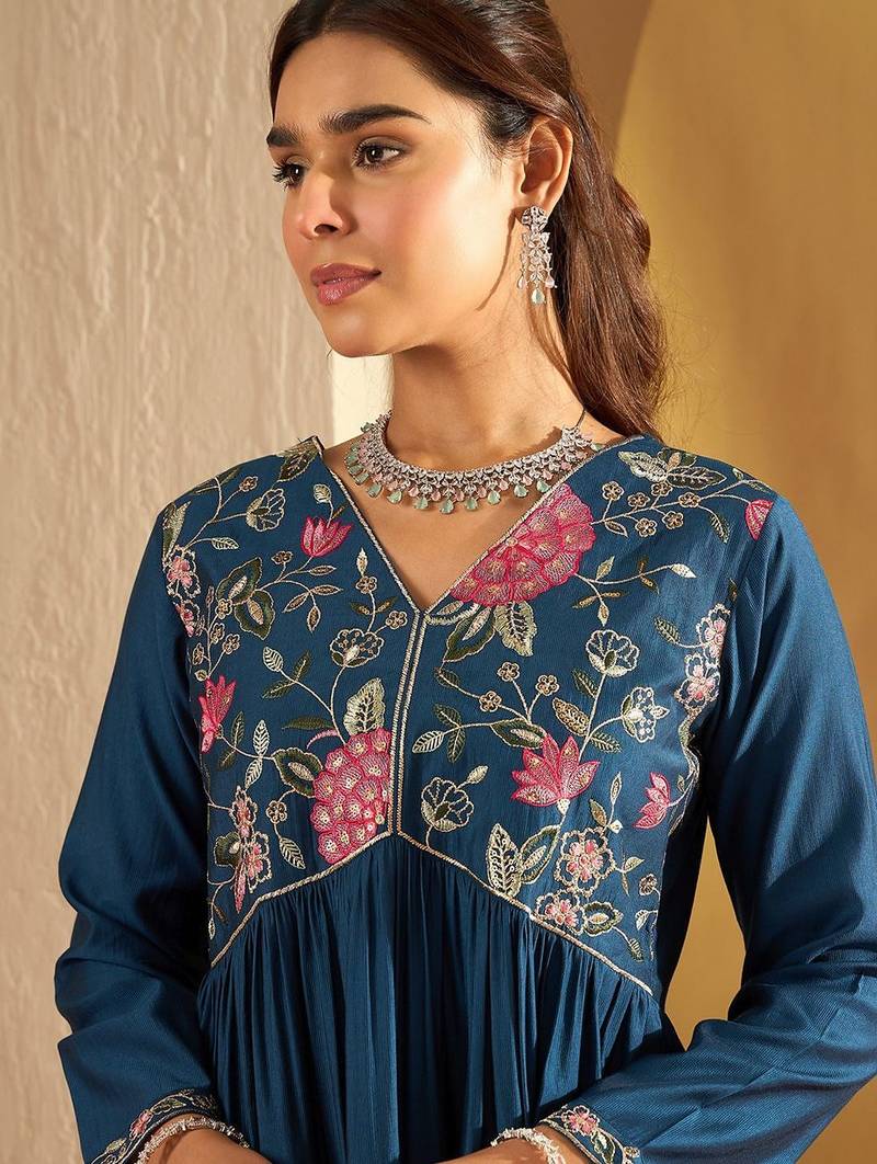 Floral Yoke Design Empire A-Line Sequinned Liva Kurta with Trousers