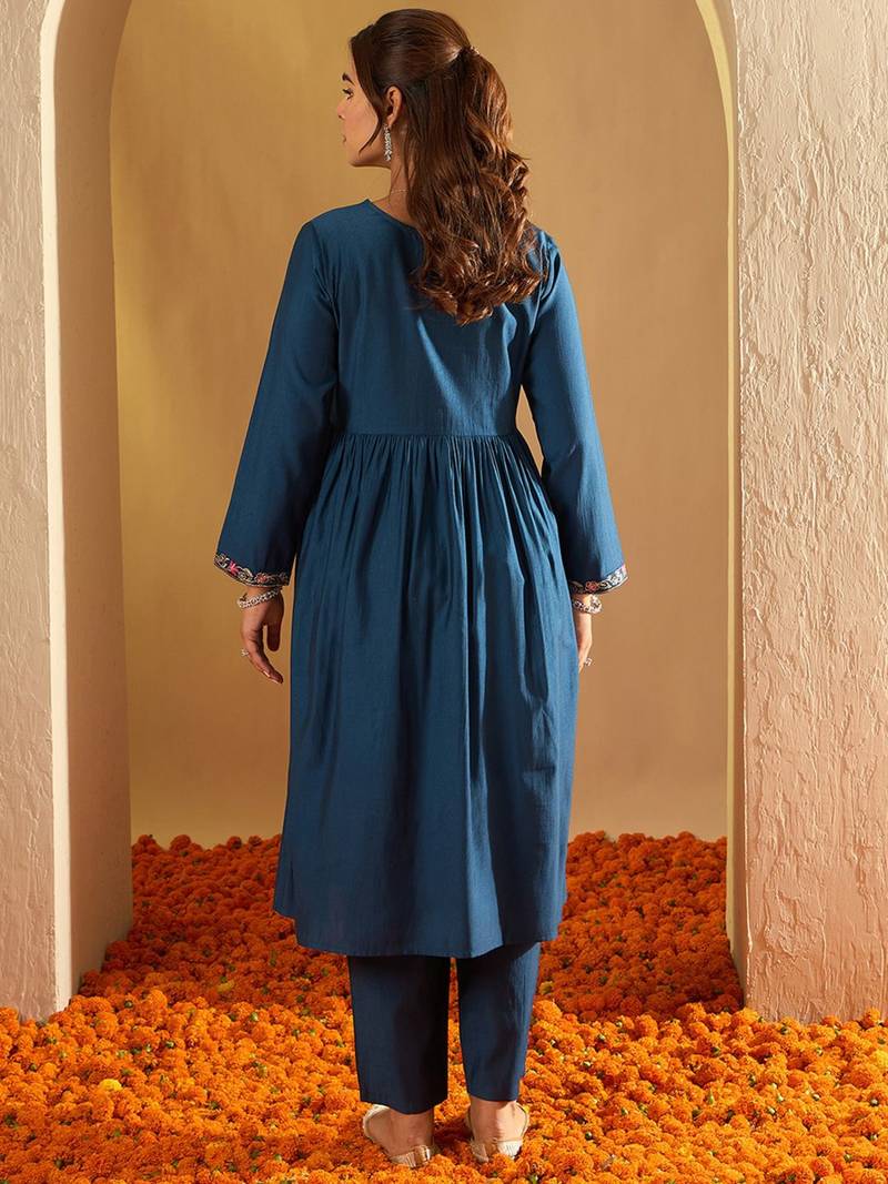 Floral Yoke Design Empire A-Line Sequinned Liva Kurta with Trousers