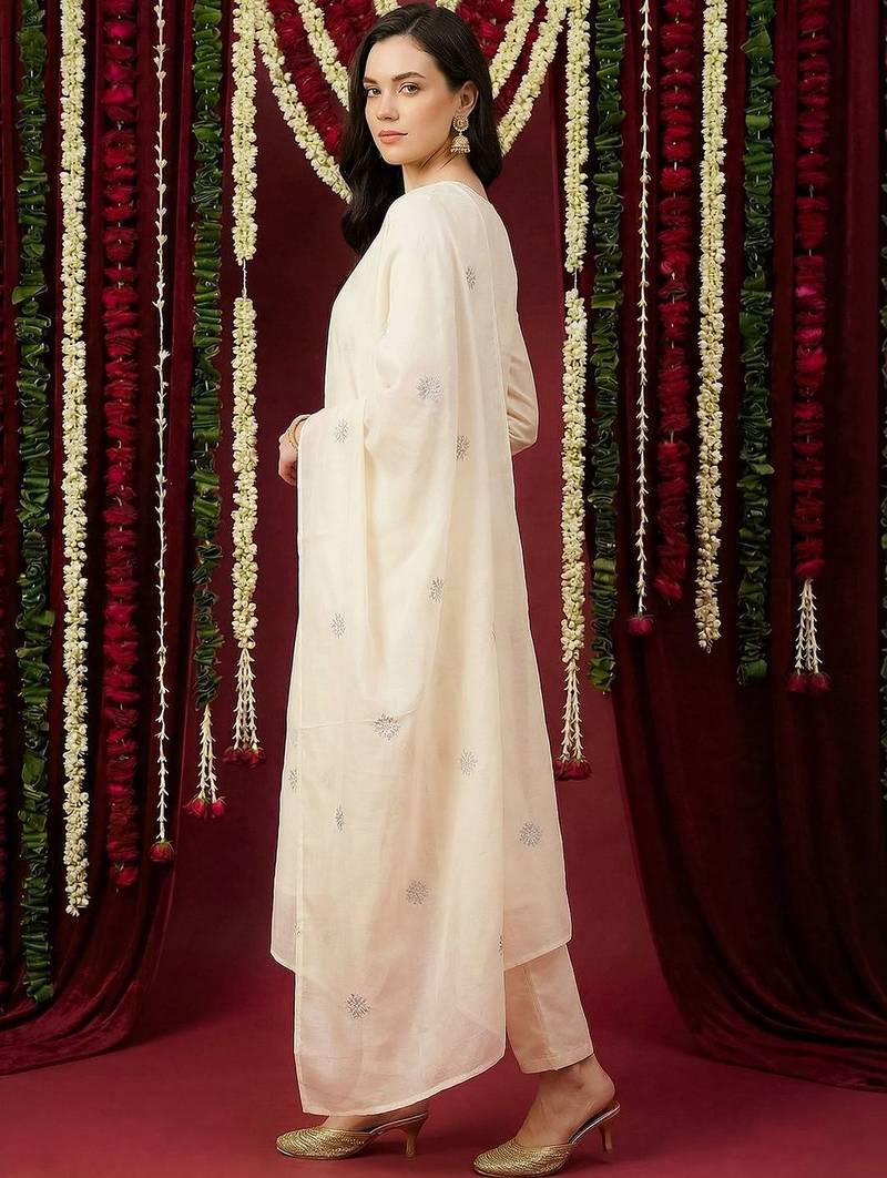 Women Ethnic Motifs Embroidered Regular Thread Work Pure Cotton Kurta with Trousers & With Dupatta
