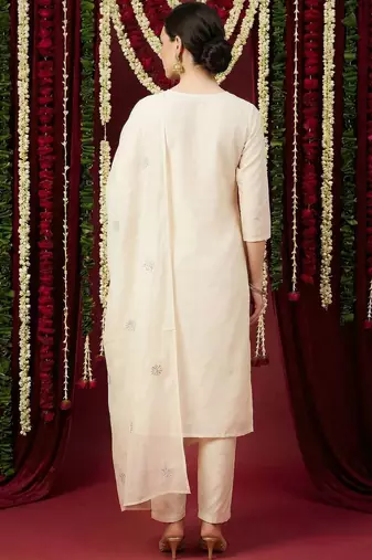 Women Ethnic Motifs Embroidered Regular Thread Work Pure Cotton Kurta with Trousers & With Dupatta