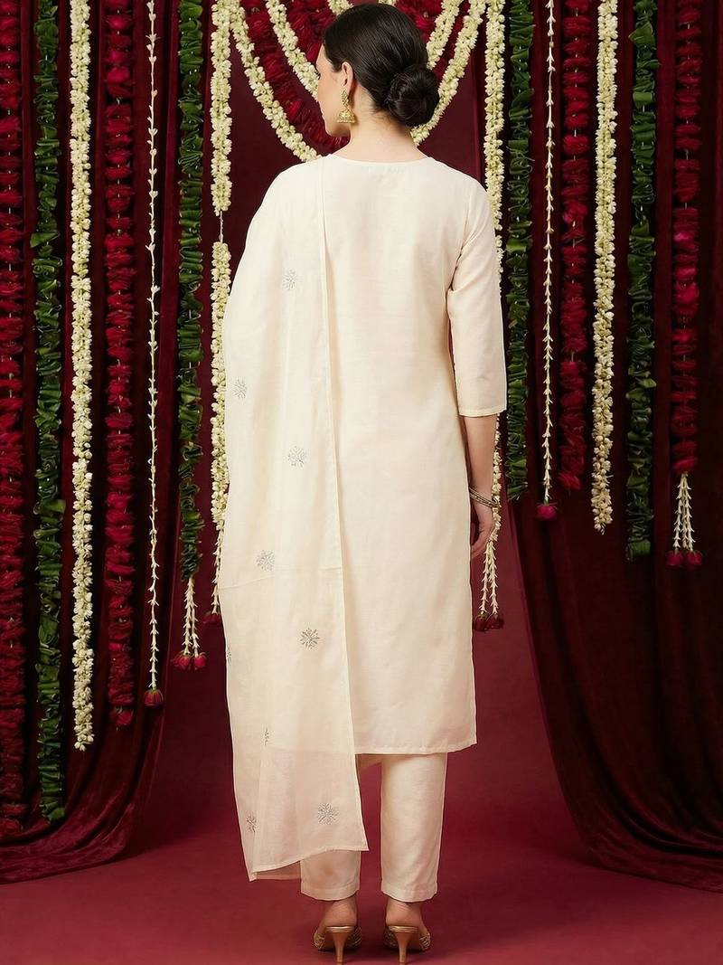 Women Ethnic Motifs Embroidered Regular Thread Work Pure Cotton Kurta with Trousers & With Dupatta