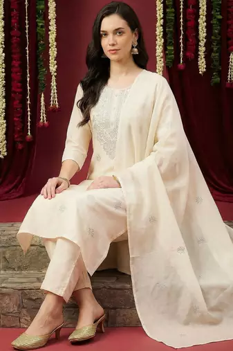 Women Ethnic Motifs Embroidered Regular Thread Work Pure Cotton Kurta with Trousers & With Dupatta