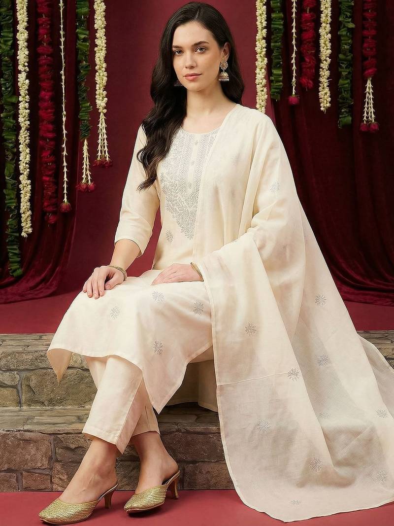 Women Ethnic Motifs Embroidered Regular Thread Work Pure Cotton Kurta with Trousers & With Dupatta