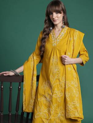 Floral Embroidered Thread Work Pure Cotton Kurta with Trousers & With Dupatta 1