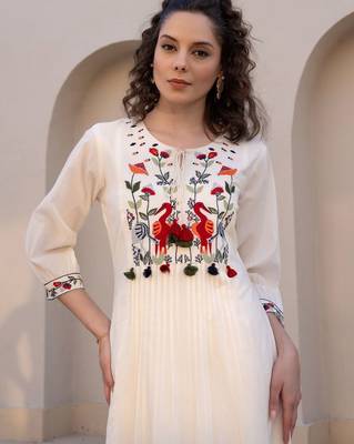 Floral Embroidered Tie-UP Neck Pleated A-Line Pure Cotton Kurta With Trousers 1