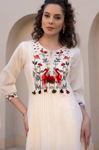 Floral Embroidered Tie-UP Neck Pleated A-Line Pure Cotton Kurta With Trousers