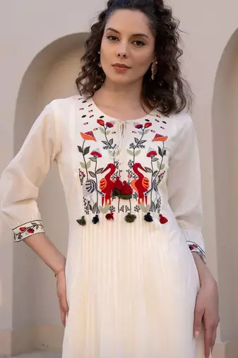 Floral Embroidered Tie-UP Neck Pleated A-Line Pure Cotton Kurta With Trousers