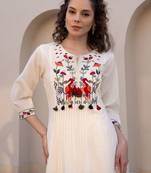 Floral Embroidered Tie-UP Neck Pleated A-Line Pure Cotton Kurta With Trousers