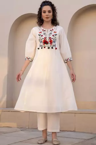 Floral Embroidered Tie-UP Neck Pleated A-Line Pure Cotton Kurta With Trousers