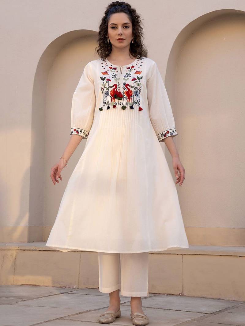 Floral Embroidered Tie-UP Neck Pleated A-Line Pure Cotton Kurta With Trousers