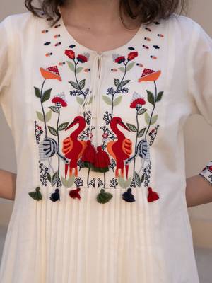 Floral Embroidered Tie-UP Neck Pleated A-Line Pure Cotton Kurta With Trousers 3
