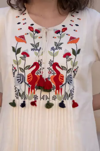 Floral Embroidered Tie-UP Neck Pleated A-Line Pure Cotton Kurta With Trousers