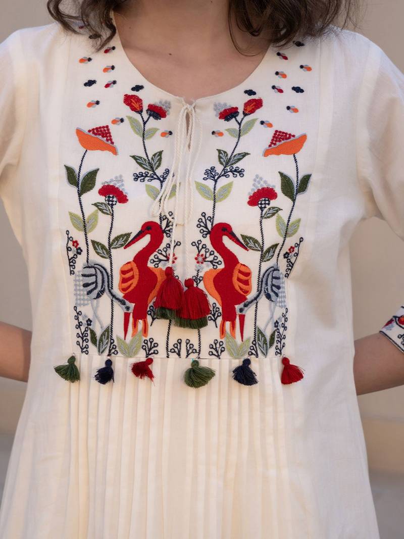 Floral Embroidered Tie-UP Neck Pleated A-Line Pure Cotton Kurta With Trousers