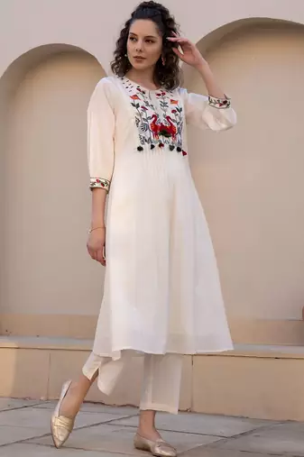 Floral Embroidered Tie-UP Neck Pleated A-Line Pure Cotton Kurta With Trousers