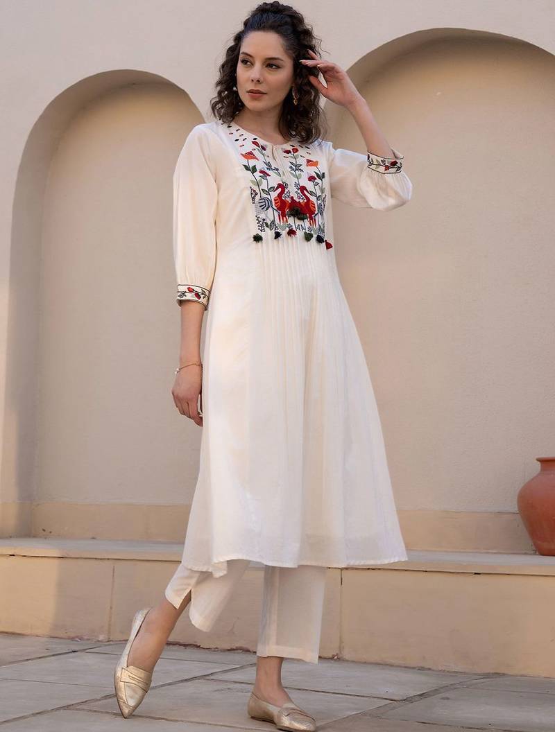 Floral Embroidered Tie-UP Neck Pleated A-Line Pure Cotton Kurta With Trousers