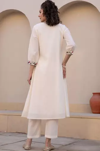 Floral Embroidered Tie-UP Neck Pleated A-Line Pure Cotton Kurta With Trousers