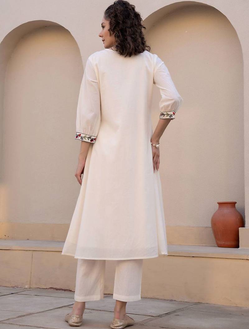Floral Embroidered Tie-UP Neck Pleated A-Line Pure Cotton Kurta With Trousers
