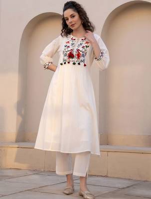Floral Embroidered Tie-UP Neck Pleated A-Line Pure Cotton Kurta With Trousers 6