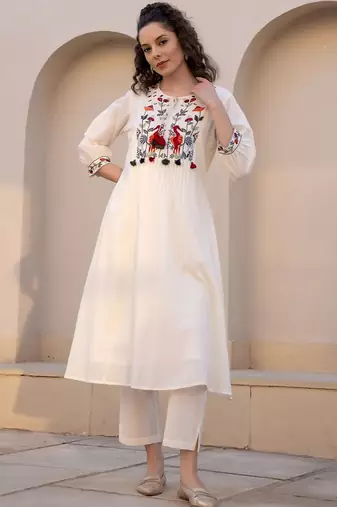 Floral Embroidered Tie-UP Neck Pleated A-Line Pure Cotton Kurta With Trousers