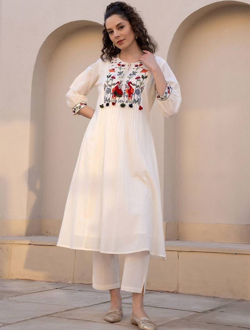 Floral Embroidered Tie-UP Neck Pleated A-Line Pure Cotton Kurta With Trousers