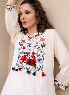 Floral Embroidered Tie-UP Neck Pleated A-Line Pure Cotton Kurta With Trousers 7