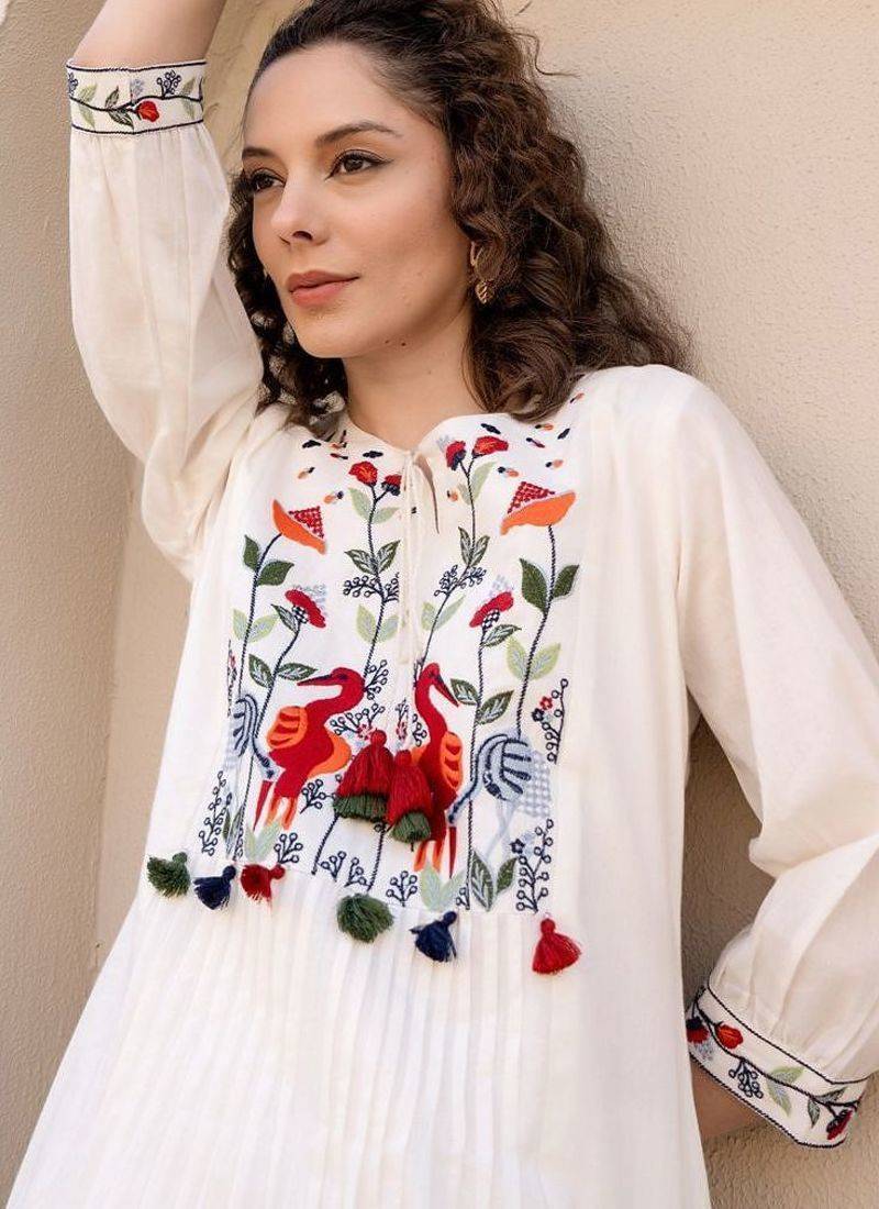Floral Embroidered Tie-UP Neck Pleated A-Line Pure Cotton Kurta With Trousers