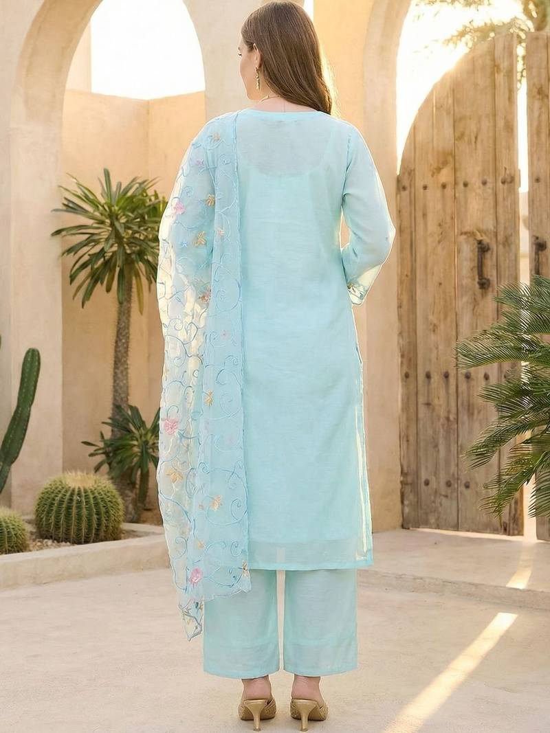 Women Floral Embroidered Regular Thread Work Kurta with Palazzos & With Dupatta