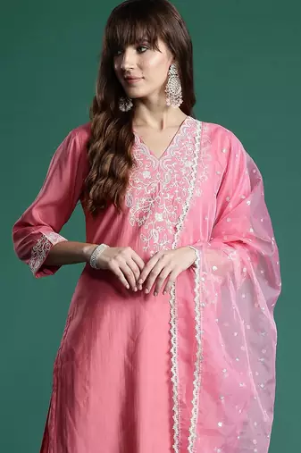 Floral Embroidered Sequinned Liva Kurta With Trousers & Dupatta