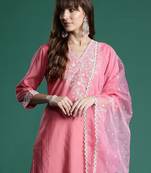 Floral Embroidered Sequinned Liva Kurta With Trousers & Dupatta