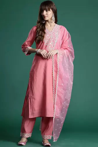 Floral Embroidered Sequinned Liva Kurta With Trousers & Dupatta