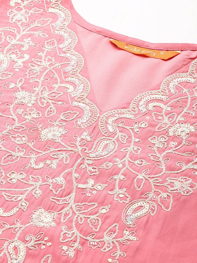 Floral Embroidered Sequinned Liva Kurta With Trousers & Dupatta