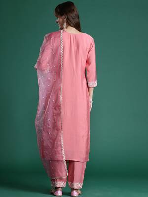 Floral Embroidered Sequinned Liva Kurta With Trousers & Dupatta 6