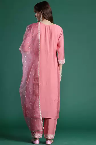 Floral Embroidered Sequinned Liva Kurta With Trousers & Dupatta