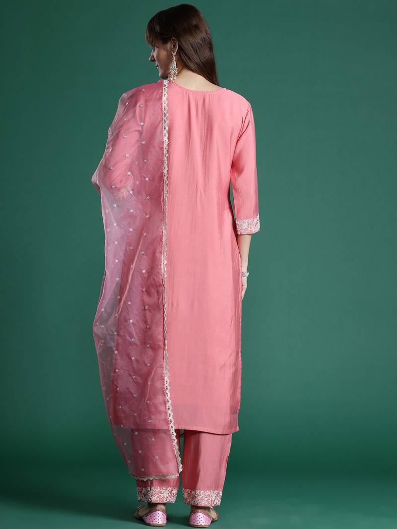 Floral Embroidered Sequinned Liva Kurta With Trousers & Dupatta